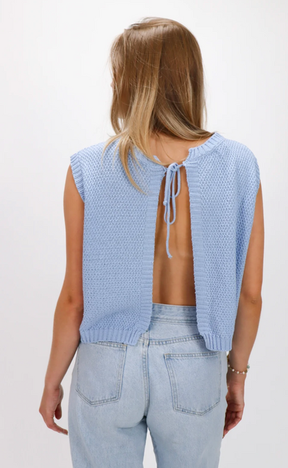 Top Tricoté Femme – Sans Manches – Dos Ouvert – Fermeture Nœud – Coupe Confortable