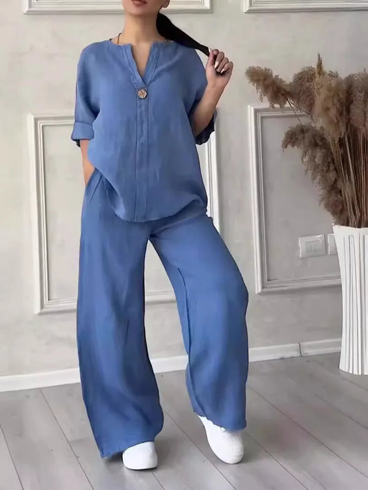 Ensemble d'été léger et élégant : blouse et pantalon large en lin – Melina