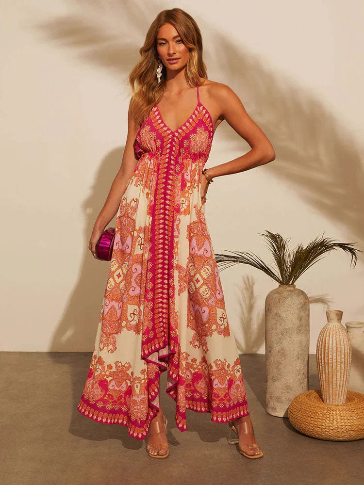 Robe maxi boho élégante avec décolleté à nouer pour femmes – Naya