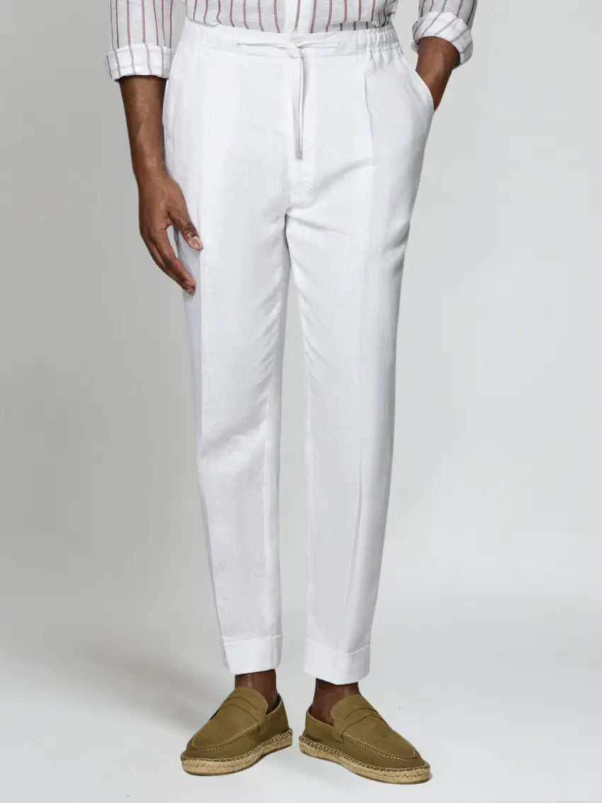 Pantalon en lin marine - Blanc