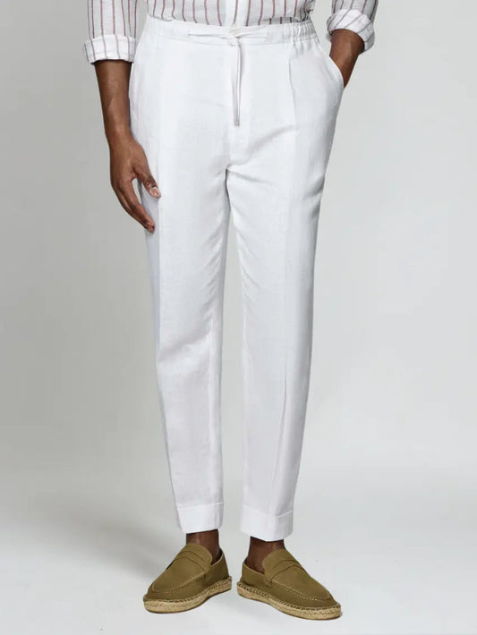 Pantalon en lin marine - Blanc