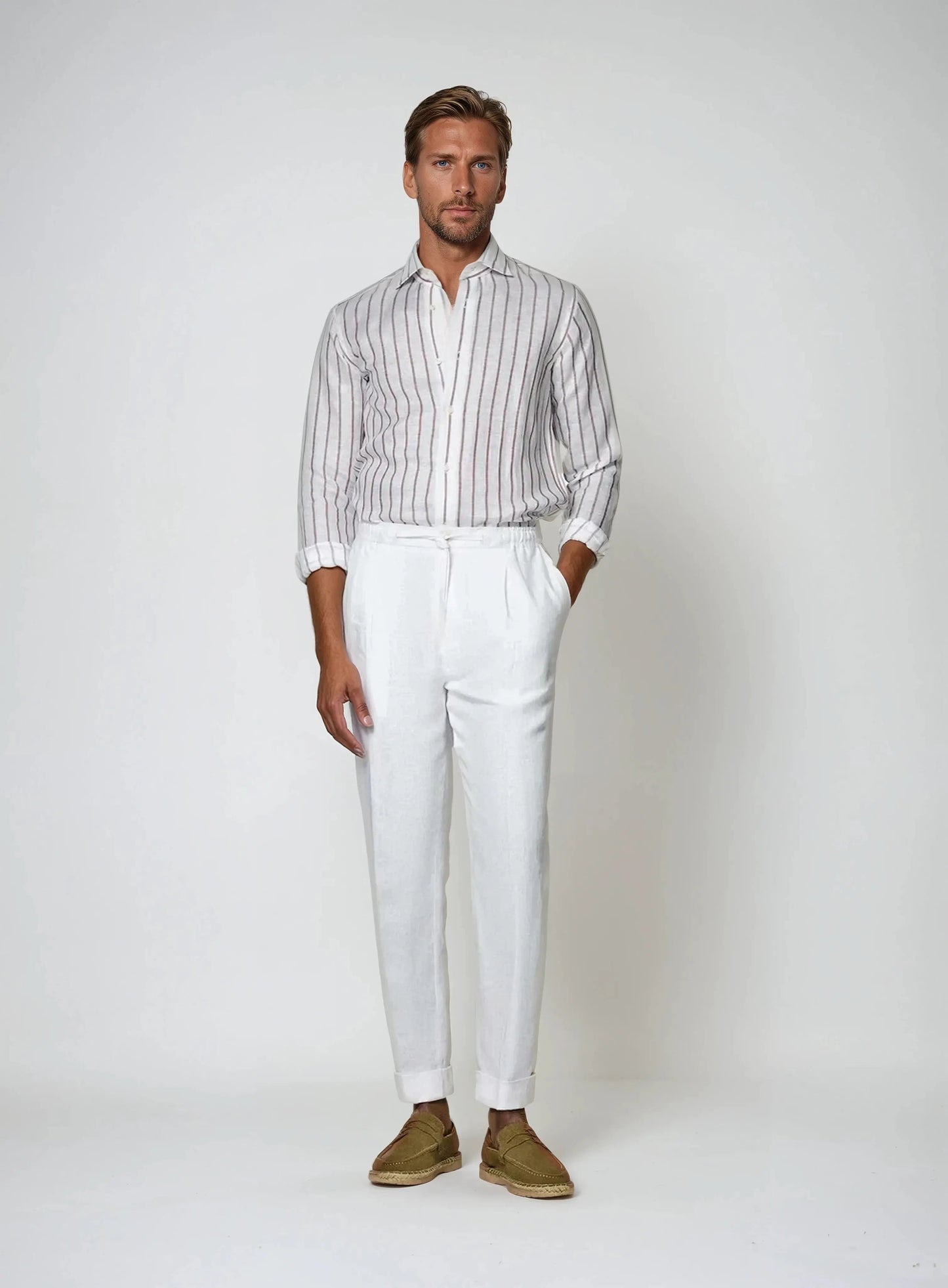 Pantalon en lin marine - Blanc