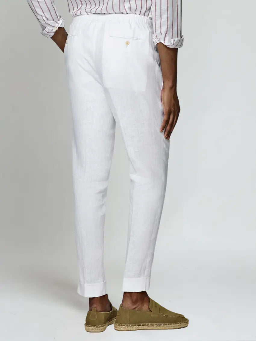 Pantalon en lin marine - Blanc