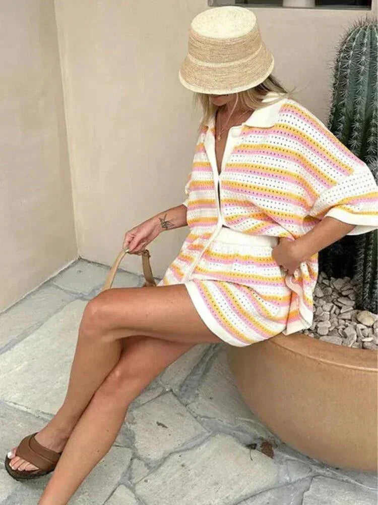 Ensemble d'été rayé pour femmes : pantalon, top et short – Faye