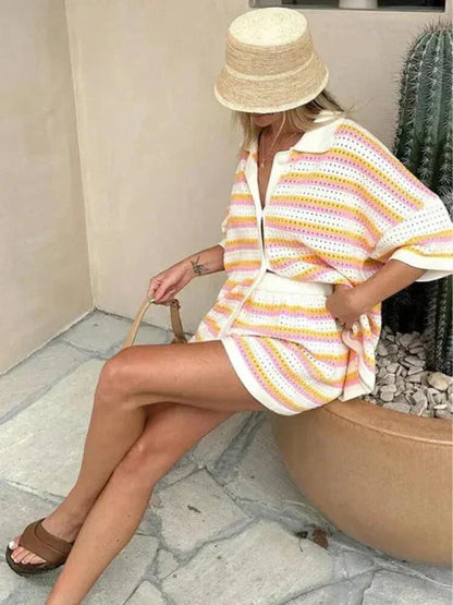 Ensemble d'été rayé pour femmes : pantalon, top et short – Faye