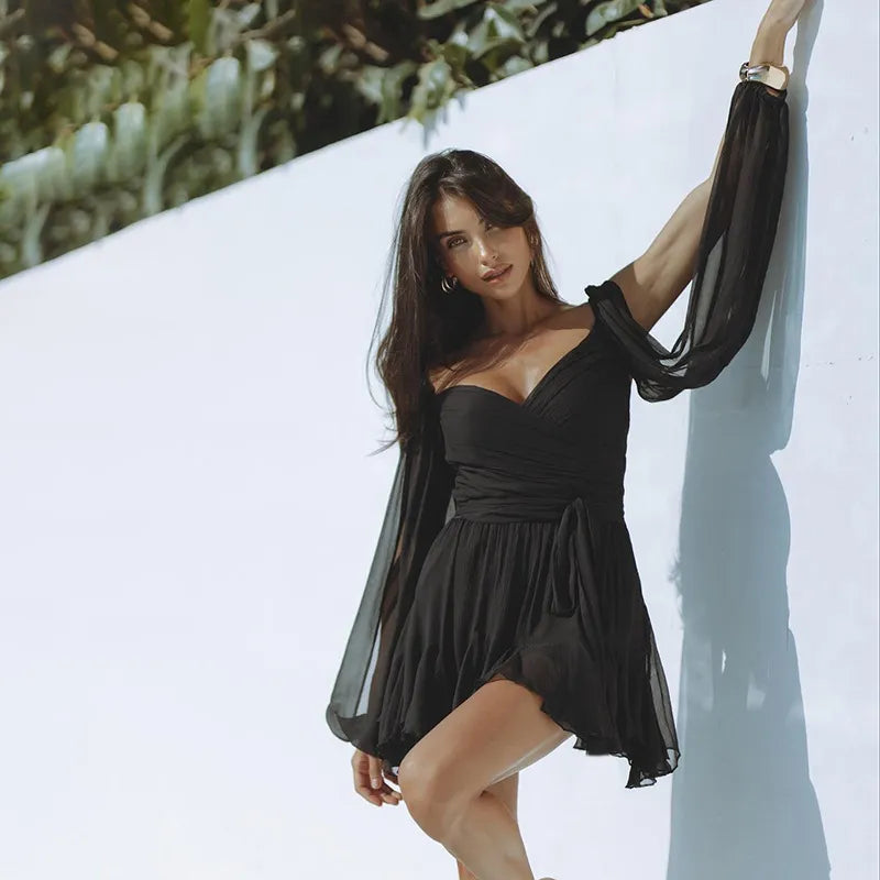 Robe Femme avec Décolleté V Profond, Manches Longues, Coupe A et Volants - Taille Élastique