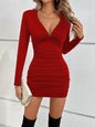 Robe Mini Femme Bodycon à Manches Longues V Profond – Design Froncé