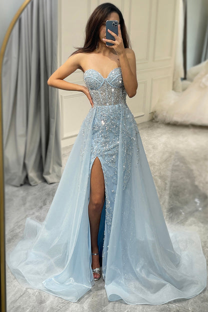 Robe de bal A-ligne scintillante bleu clair avec corset et fente - Modèle Sophia