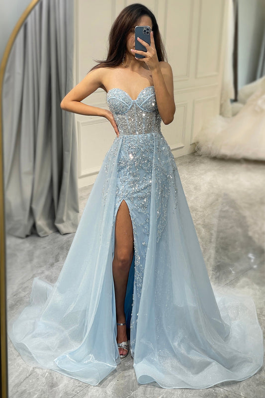 Robe de bal A-ligne scintillante bleu clair avec corset et fente - Modèle Sophia