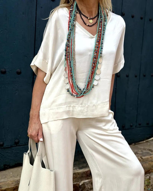 TALIE | Ensemble sophistiqué chemisier et pantalon blanc - Luviera Fashion