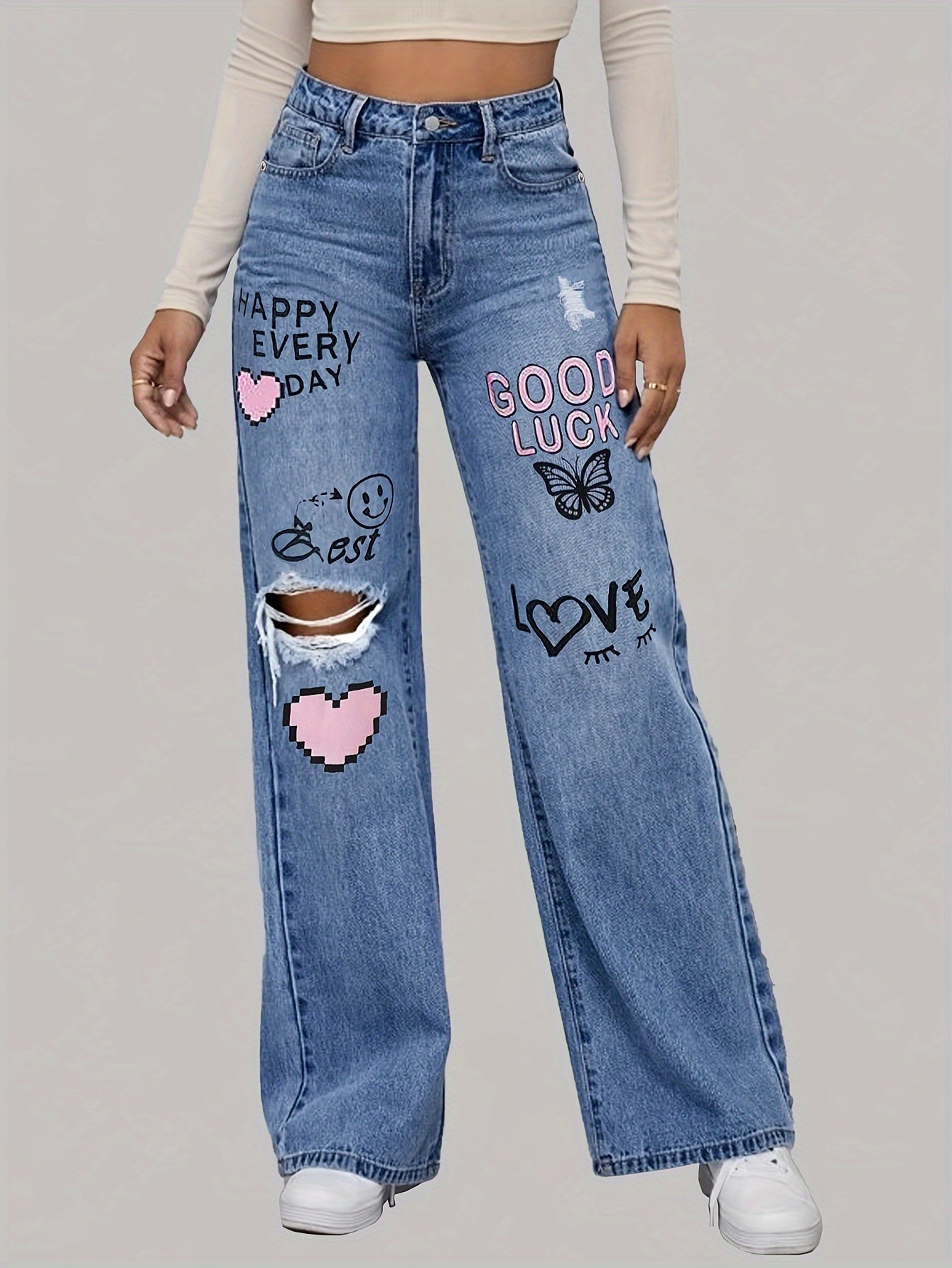 Jeans Femme Lotte avec Imprimé Cœur et Graffiti