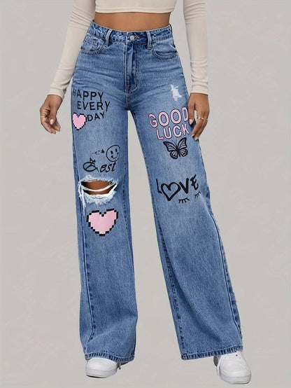 Jeans Femme Lotte avec Imprimé Cœur et Graffiti