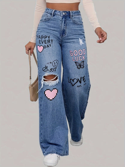 Jeans Femme Lotte avec Imprimé Cœur et Graffiti