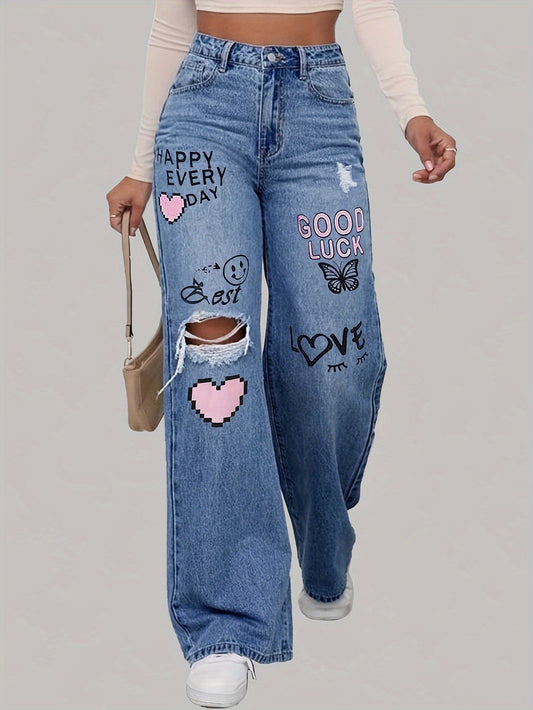 Jeans Femme Lotte avec Imprimé Cœur et Graffiti
