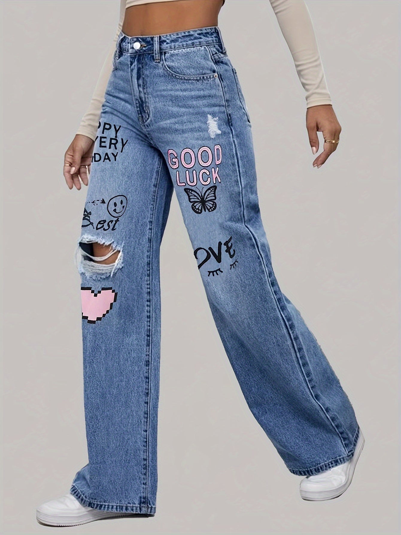 Jeans Femme Lotte avec Imprimé Cœur et Graffiti