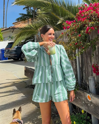Ensemble Femme Deux Pièces - Chemise Ample & Short - Rayé - Taille Élastique - Coupe Décontractée