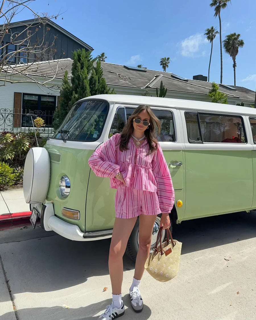 Ensemble Femme Deux Pièces - Chemise Ample & Short - Rayé - Taille Élastique - Coupe Décontractée