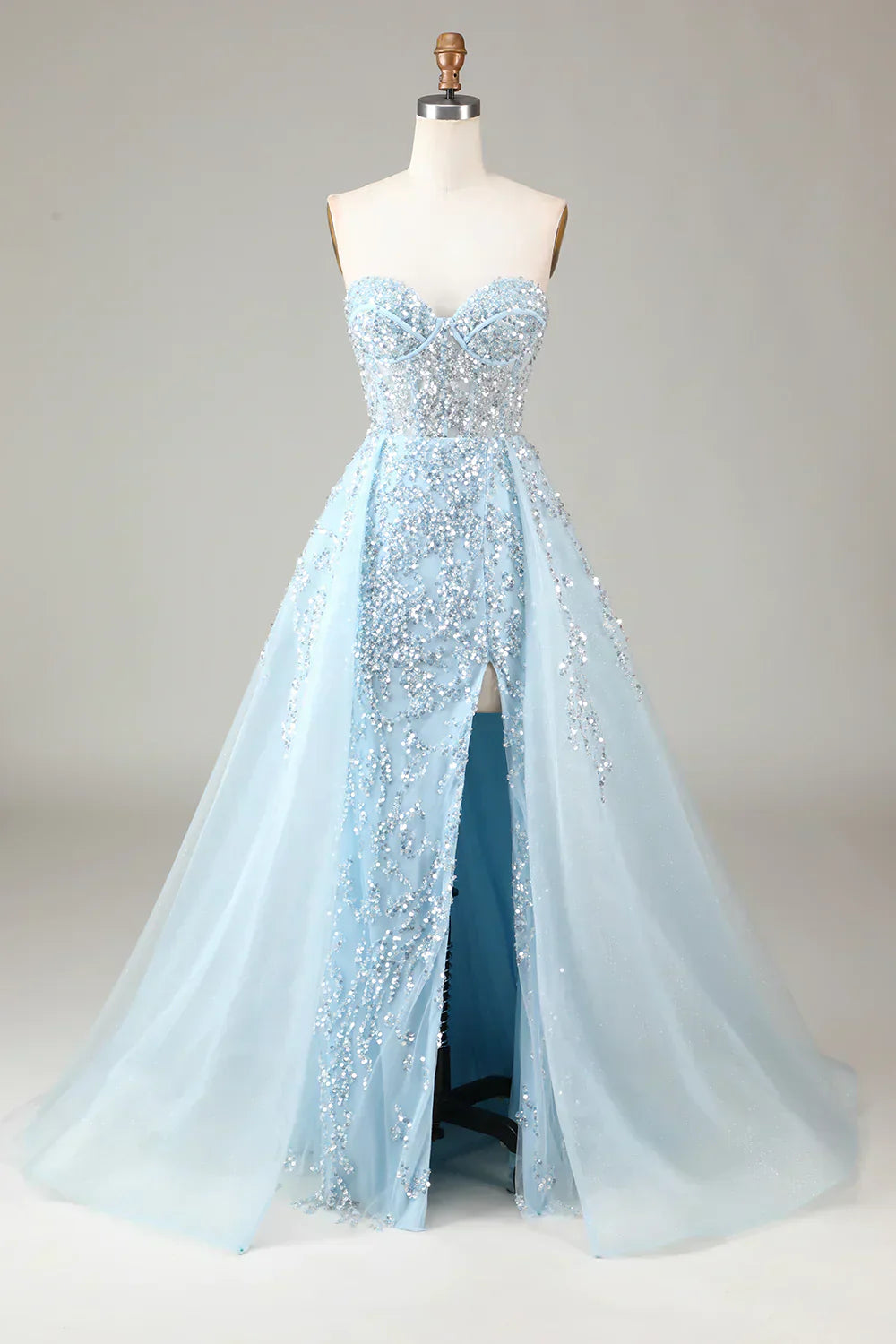 Robe de bal A-ligne scintillante bleu clair avec corset et fente - Modèle Sophia
