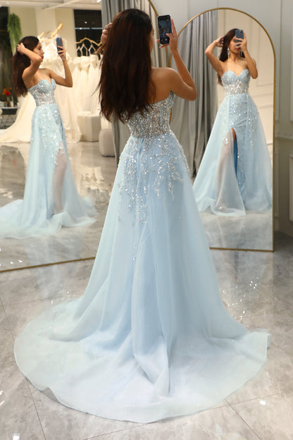 Robe de bal A-ligne scintillante bleu clair avec corset et fente - Modèle Sophia