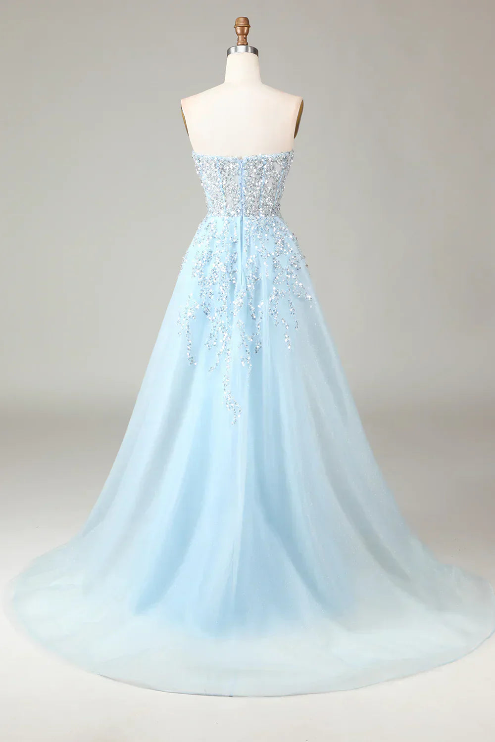 Robe de bal A-ligne scintillante bleu clair avec corset et fente - Modèle Sophia