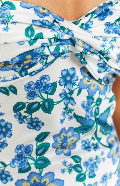 Robe fourreau à nouer avec motif floral bleu – Mireva