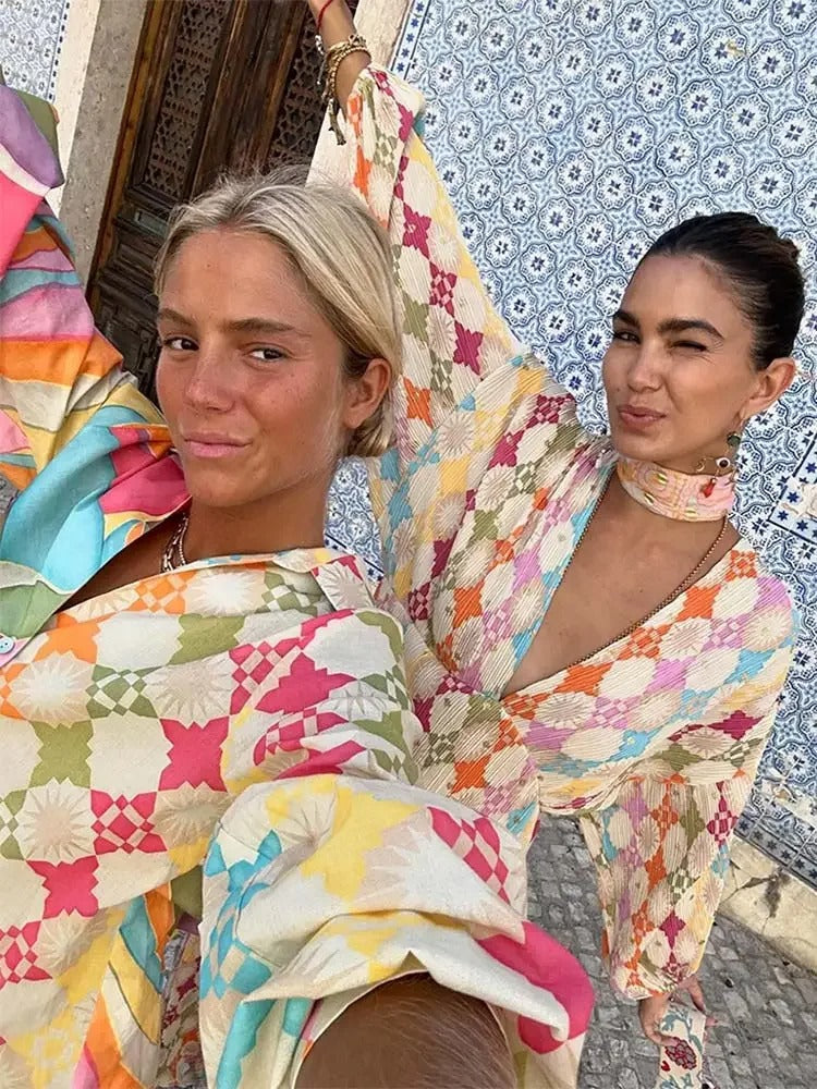 Combinaison Femme – Coupe Confortable – Motif Géométrique – Tissu Respirant – Col Chemise – Manches Longues