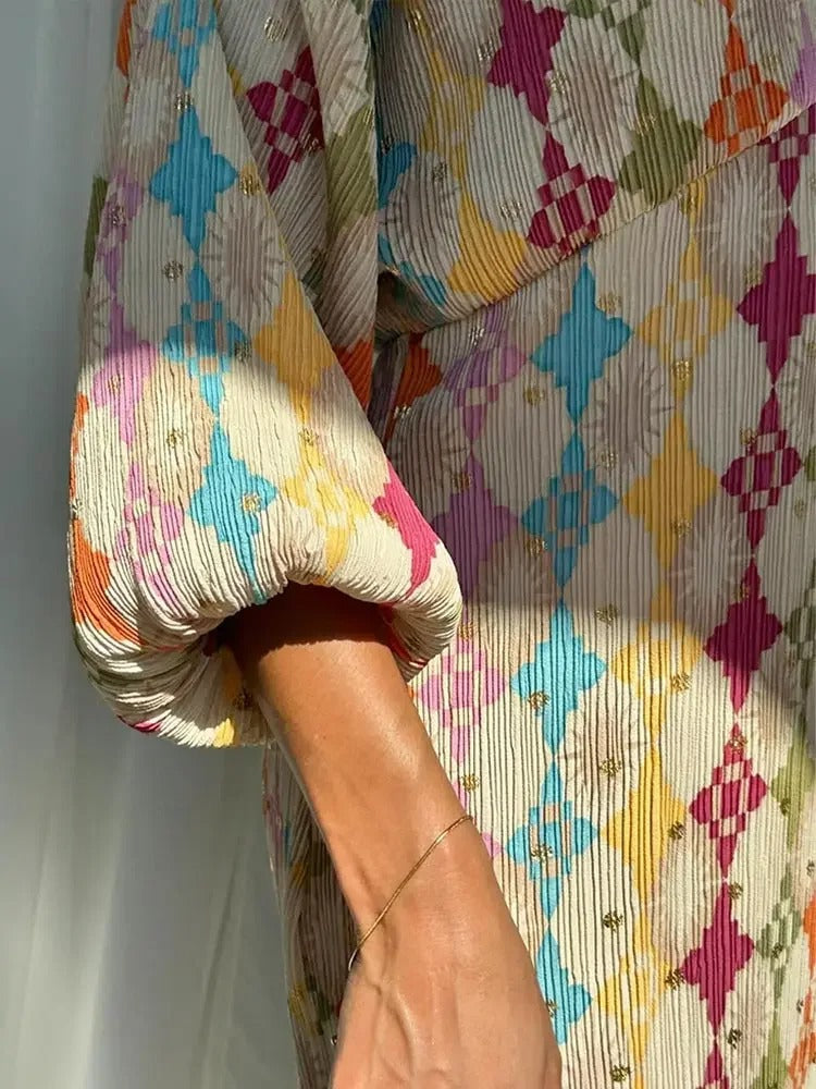 Combinaison Femme – Coupe Confortable – Motif Géométrique – Tissu Respirant – Col Chemise – Manches Longues