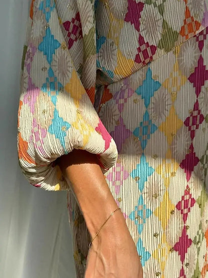 Combinaison Femme – Coupe Confortable – Motif Géométrique – Tissu Respirant – Col Chemise – Manches Longues