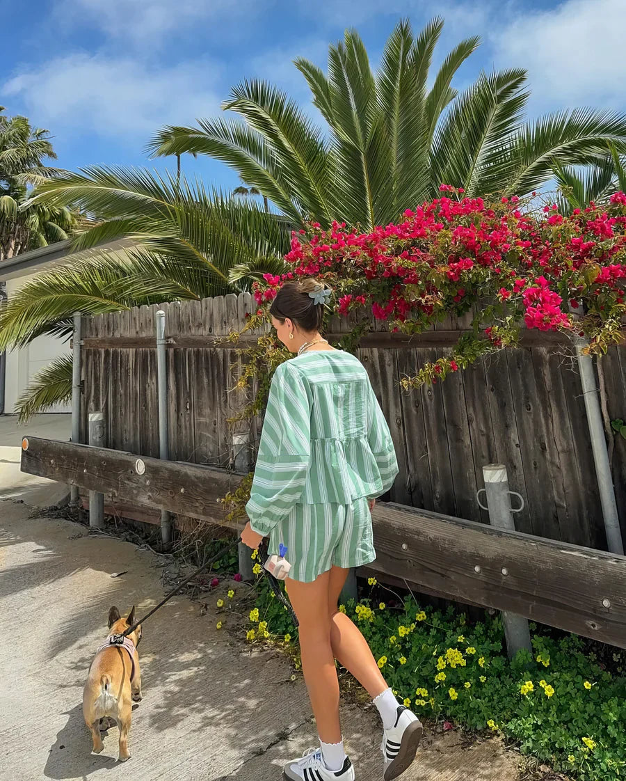 Ensemble Femme Deux Pièces - Chemise Ample & Short - Rayé - Taille Élastique - Coupe Décontractée