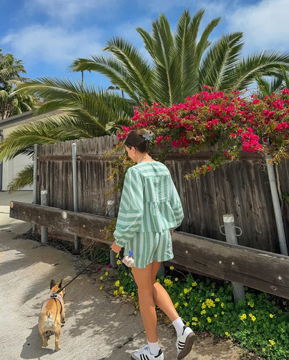 Ensemble Femme Deux Pièces - Chemise Ample & Short - Rayé - Taille Élastique - Coupe Décontractée