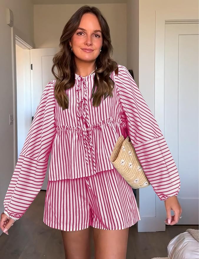 Faylinn - Ensemble d'été à motifs à carreaux avec manches volumineuses