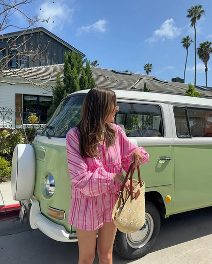 Ensemble Femme Deux Pièces - Chemise Ample & Short - Rayé - Taille Élastique - Coupe Décontractée